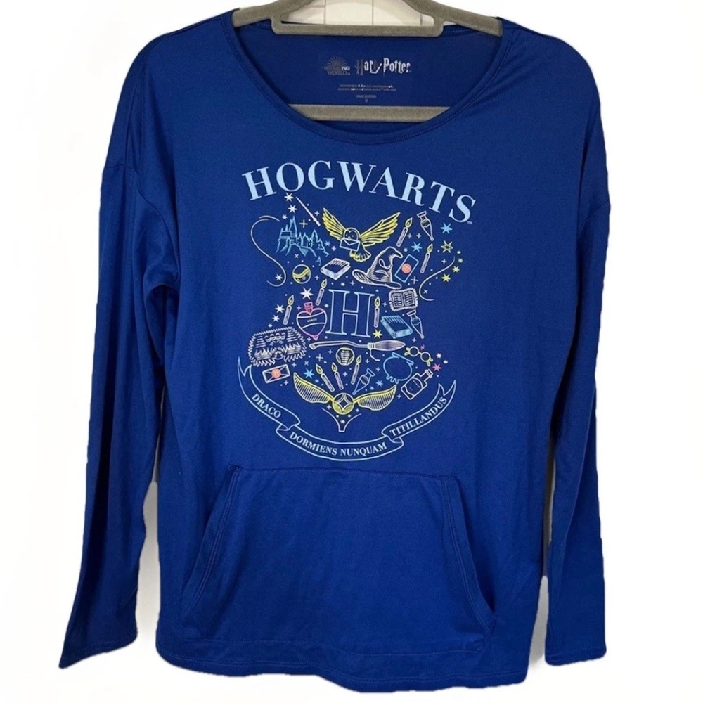 Harry Potter Hogwarts Long Sleeve Sleep Top Small Blue Wizarding World Lounge PJ
